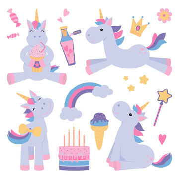 Magical unicorns with sweets vector set