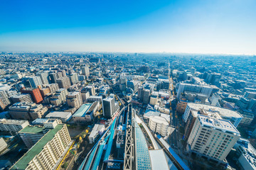 Asia business concept for real estate and corporate construction - panoramic urban city skyline aerial view under blue sky and sunny day in funabori, tokyo, Japan