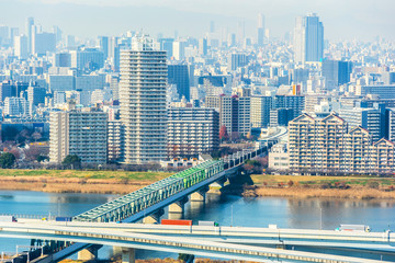 Asia business concept for real estate and corporate construction - panoramic urban city skyline aerial view under blue sky and sunny day in funabori, tokyo, Japan
