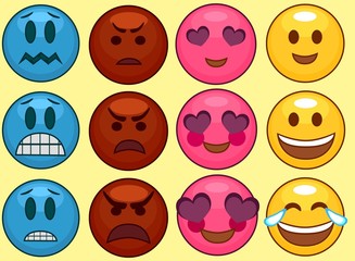 Set of different emojis. Emotions of laughter, anger, fear, love icons
