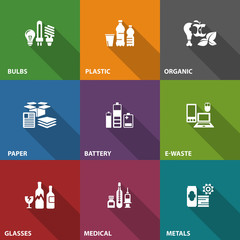 Garbage waste recycling icons on color, line symbols