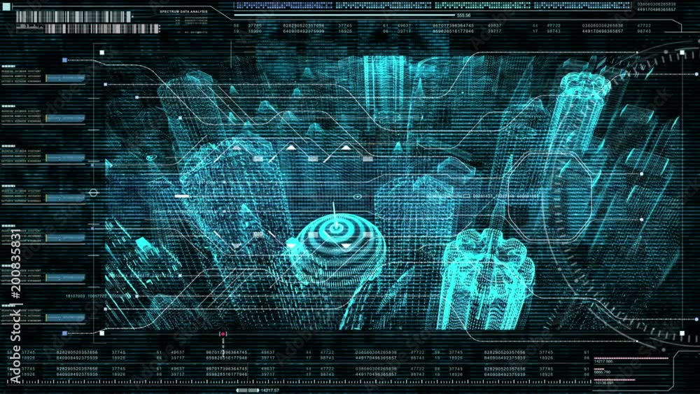 Poster Advance motion graphic futuristic user interface head up display screen with digital holographic city building data telemetry information display for digital background computer desktop display screen
