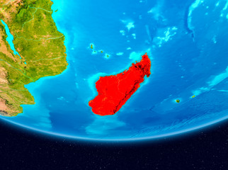 Satellite view of Madagascar in red