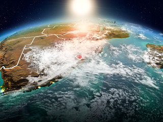 Swaziland in sunrise from orbit