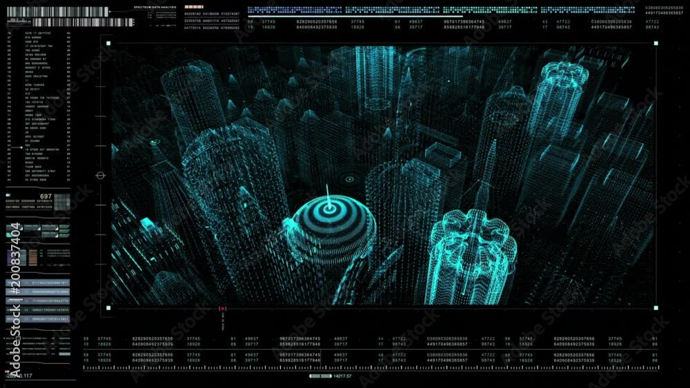 Aufkleber Advance motion graphic futuristic user interface head up display screen with digital holographic city building data telemetry information display for digital background computer desktop display screen