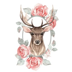 Obraz premium Noble deer and roses. Watercolor illustration