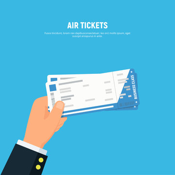 Close-up businessman hand holding air boarding tickets. Airline boarding tickets business class. Travel and business trips concept. Vector illustration in flat style.