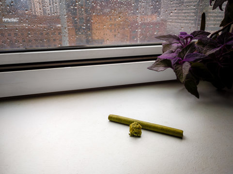 A bud of marijuana and a fresh cigarillo on the window bay. Rainy daytime.