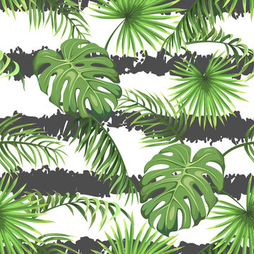 Seamless pattern with stripes and leaves of palm trees