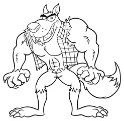 Fototapeta na wymiar Black And White Angry Werewolf Cartoon Mascot Character. Illustration Isolated On White Background