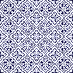 Foto auf Acrylglas Italian tile pattern vector seamless with flower ornaments. Portuguese azulejo, mexican talavera, spanish majolica or delft dutch. Tiled background for ceramic kitchen wall or bathroom mosaic floor. © irinelle