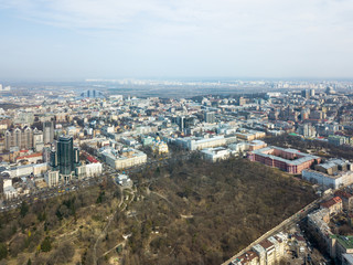 Naklejka premium Kiev, Ukraine - April 7, 2018: landscape view of the city of Kiev from aerial view. University of Shevchenko, Botanical Garden