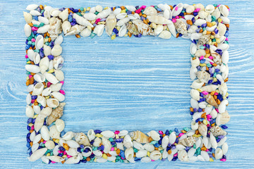 seashells frame on shabby wooden blue background. summer holiday concept background