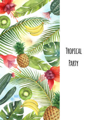 Watercolor vector vertical banner tropical leaves,fruits and cacti isolated on white background.
