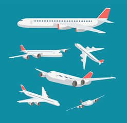 Charter flat airplane in various point of view. Civil aircraft journey and aviation vector symbols isolated