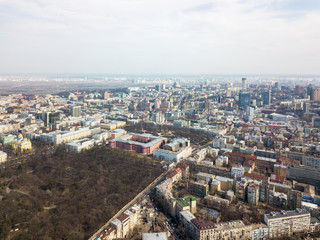 Kiev, Ukraine - April 7, 2018: aerial view panoramic view of the city.University of Taras Shevchenko, Botanical Garden and Vladimir Church