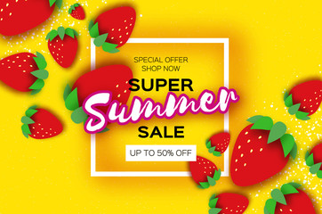Red Strawberry Super Summer Sale Banner in paper cut style. Origami Healthy food on yellow. Square frame for text. Summertime.