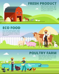 Organic farming and agribusiness banners with cartoon farmer characters and farm animals vector set