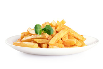 Plate with french fries and corn salad isolated on white background.
