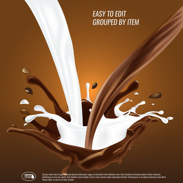 Liquid Chocolate And Milk Flow And Spash Mixed, 3d Vector Illustration.