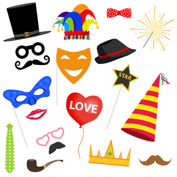 Carnival set. Masks for masquerade, a party cap, an overhead mustache, a bow tie, a clown hat