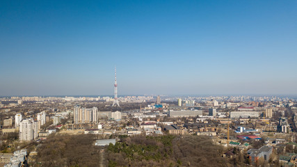 Panoramic view of the city of Kiev with Dorogozhychi distric with a TV tower, Ukraine, aerial view