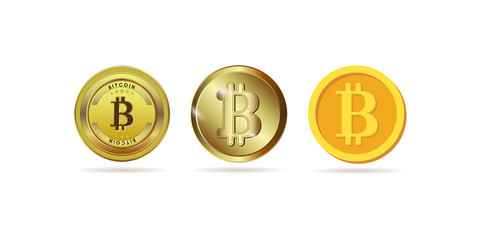 Bitcoin set. The physical bit is a coin. Digital currency. Crypto currency. Gold coin with a bitcoin symbol isolated on a white background.