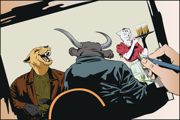 Talking men in bar. Bull and Panther. People in images of animals.