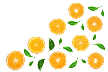 Fototapeta na wymiar Slices of orange or tangerine with leaves isolated on white background with copy space for your text. Flat lay, top view