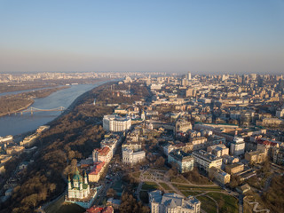 Obraz premium Kiev, Ukraine - April 7, 2018: Aerial view of Saint Andrew church. The old town of Kiev, the Podile district