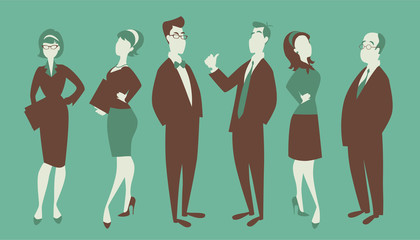 Team of three men and three women in business isolated on green background. Retro cartoon style.