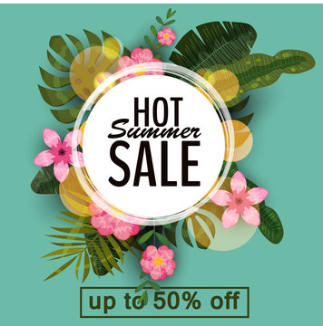 Sale summer banner, poster with palm leaves, jungle leaf and tropical flowers. Vector illustration EPS10