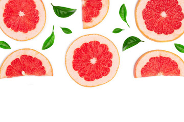 Grapefruit slices with leaves isolated on white background with copy space for your text. Top view. Flat lay pattern