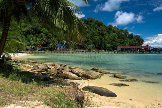 Tropical landscape of fisherman bay with turquoise clean water and pier in the. Koh Rong Samloem. Cambodia, Asia.