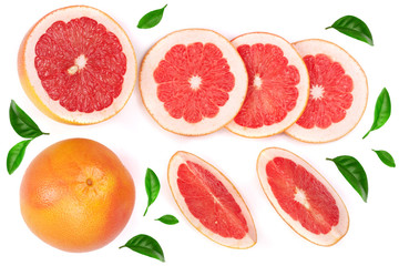 Fototapeta na wymiar Grapefruit and slices decorated with green leaves isolated on white background. Top view. Set or collection