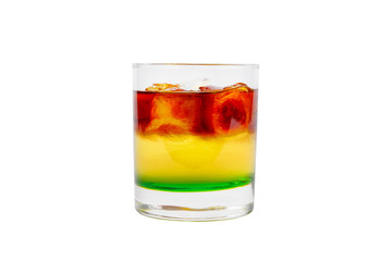 Multicolored, tri-color, cocktail red, yellow, orange, green, gradient. Side view. Isolated white background. Drink in a glass glass for the menu restaurant, bar cafe