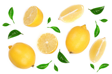 lemon and slices decorated with green leaves isolated on white background. Flat lay, top view