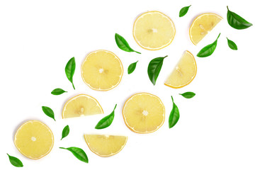Slices lemon decorated with green leaves isolated on white background with copy space for your...