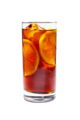 One-color, red, brown, transparent cocktail with ice cubes and lemon slices, orange. Side view. Isolated white background. Drink in a glass glass for the menu restaurant, bar, cafe