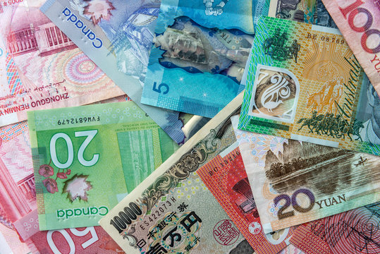 Chinese, japanese, canadian and australian banknote mix