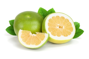 Citrus Sweetie or Pomelit, oroblanco with slices and leaf isolated on white background close-up