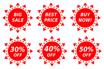 Red stamps, label, badges or stickers. Marketing labels set. Big sale, best price, buy now, 30% off, 40% off, 50% off. Vector set.