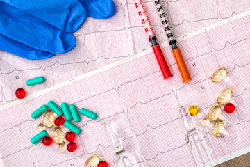 medicines syringe mittens on the cardiogram