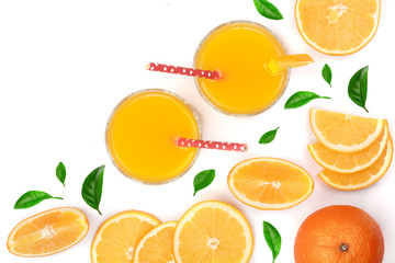 orange juice glass with slices of citrus and leaves isolated on white background with copy space for your text, top view