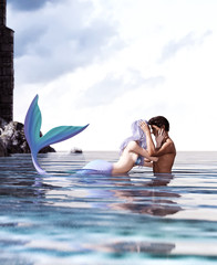 A sea love story between man and a mermaid,3d Fantasy mermaid in mythical sea,Fantasy fairy tale of sea nymph,3d illustration for book cover or book illustration © Joe Therasakdhi