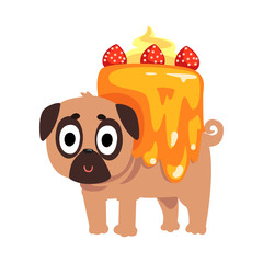 Cute funny pug dog character inside sweet cake vector Illustration on a white background