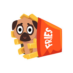 Cute pug dog sitting in a paper box of French fries, funny dog character inside fast food product vector Illustration on a white background