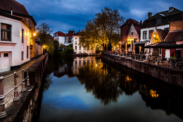Obraz premium Night view of famous Bruges city view, Belgium, nightshot of Brugge canals, houses on Belfry canal