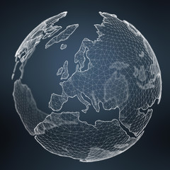 Floating white and blue planet earth network 3D rendering