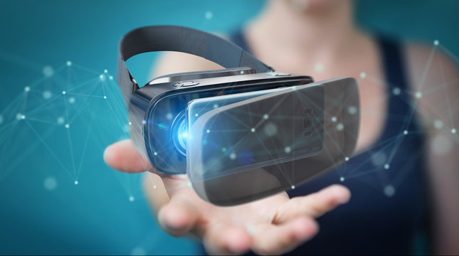 Businesswoman using virtual reality glasses technology 3D rendering